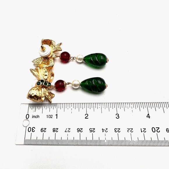 Womens Earrings Bow Design Green Red Glass Drop Matte Gold Chandelier - Picture 2 of 2